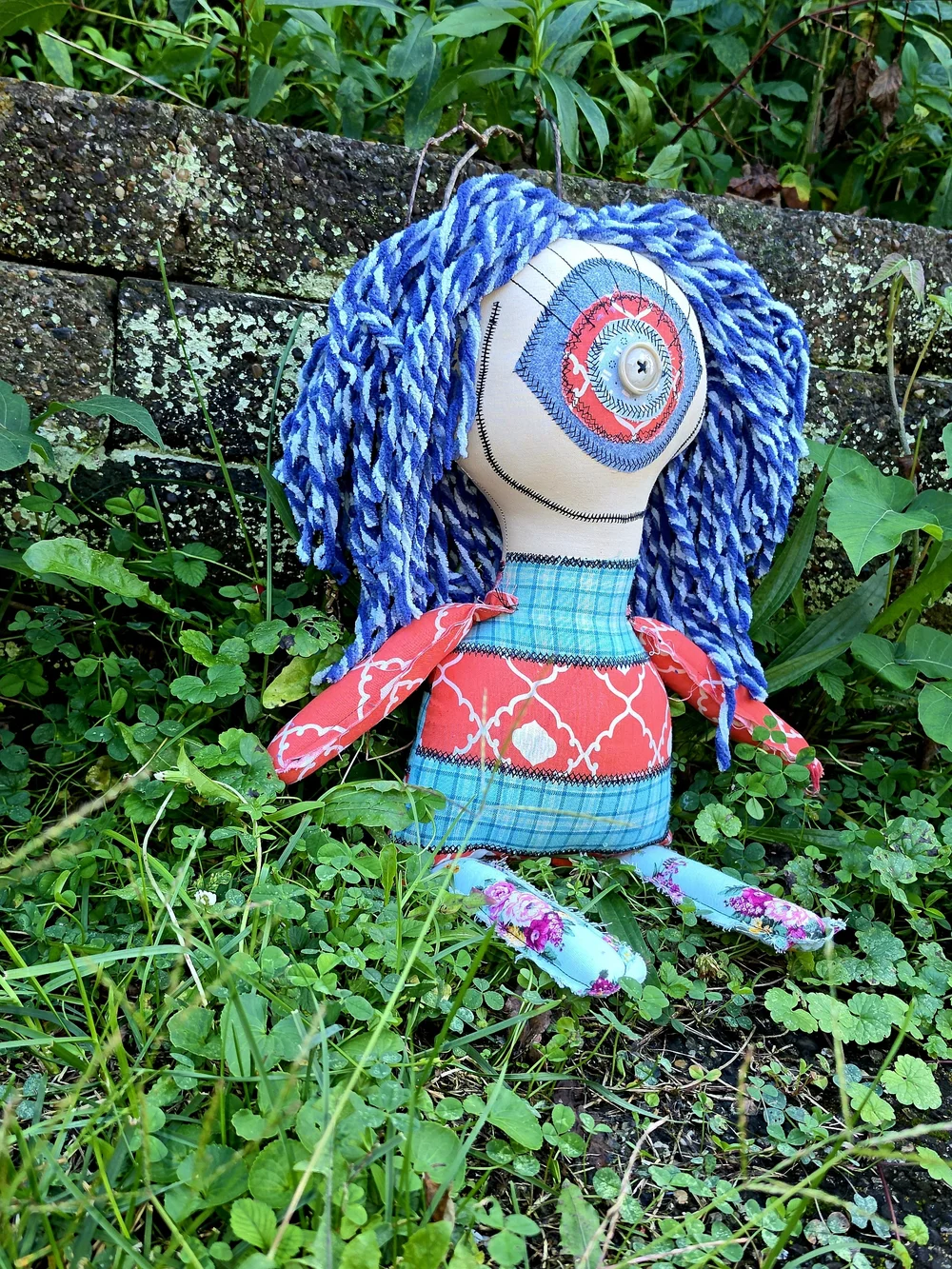 OOAK Handmade Art Doll Moxie Blue | Dumpster Dollies Creepy Cute Rag Doll